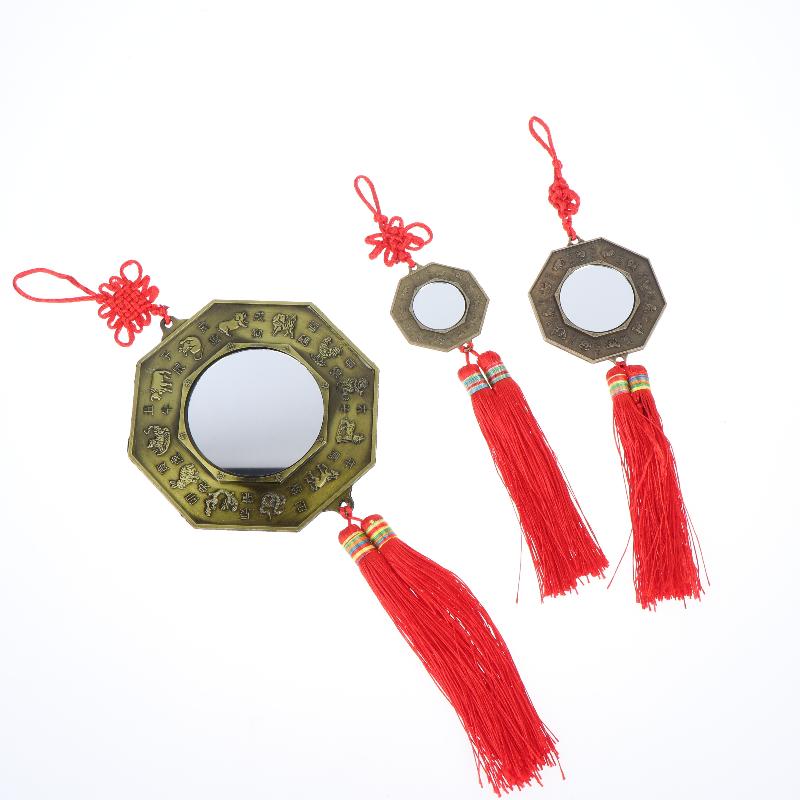 Chinese Feng Shui Yin Yang Bagua Mirror with Red Tassel Zodiac Carvings Housewarming Gift for Good Fortune Luck