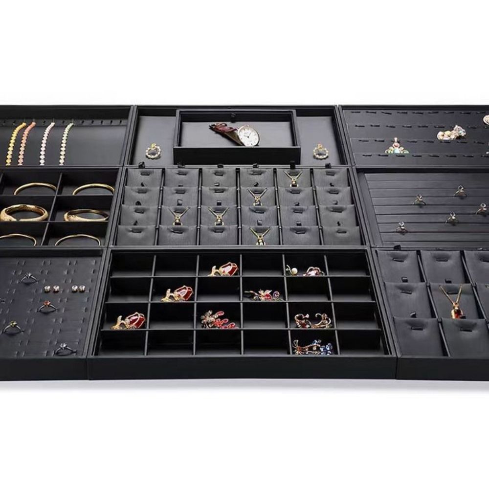 Stackable PU Leather Jewelry Pallet Black Jewelry Drawer Inserts Bracelets Storage Organizer  Ring