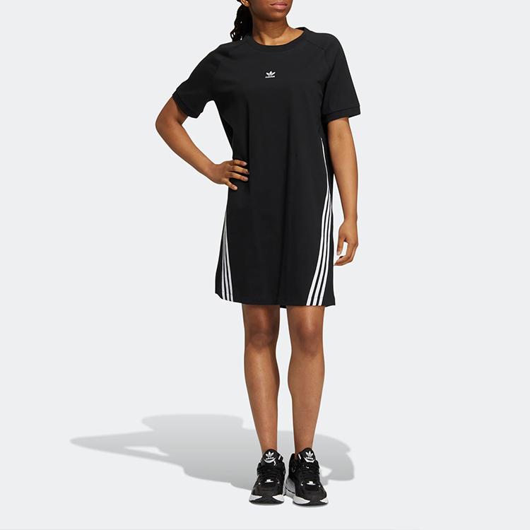 Adidas Originals Sophe 3-Stripes Solid Stripe Logo Sports Round Neck Short Sleeve Dress Women dresses Black IA9073