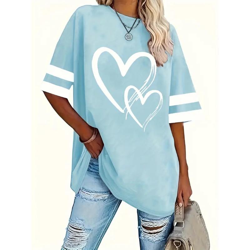 Plus Size Heart Print T-Shirt Casual Crew Neck Short Sleeve T-Shirt Women's Plus Size Clothing