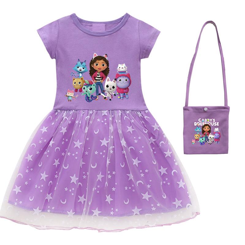 Nieuwe Zomer Cartoon Gabby Katten Jurken Baby Meisjes Prinses Jurk Tas Hoofdband Kinderen Gabby's Poppenhuis Cosplay Kostuum 130 pink