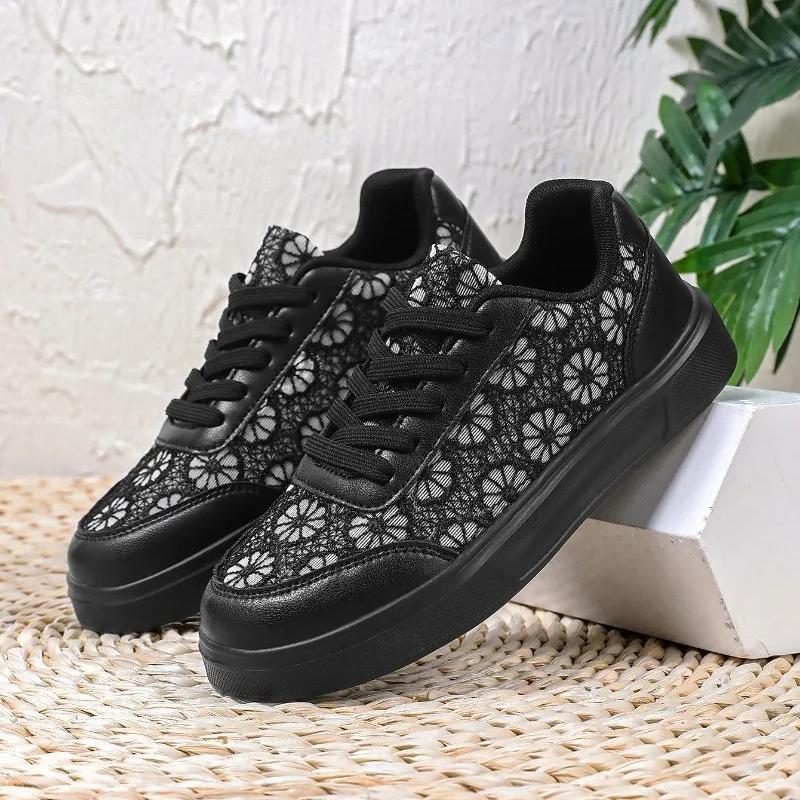 Fashion Lace White Shoes Women Hollow-out Walking Flats Breathable Mesh Casual Footwear for Jogging Traveling