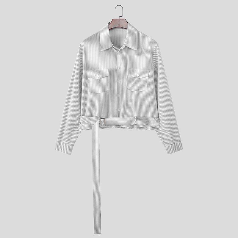 INCERUN Oversized Men Lapel Neck Long Sleeve Striped Print Belt Casual Shirts Tops