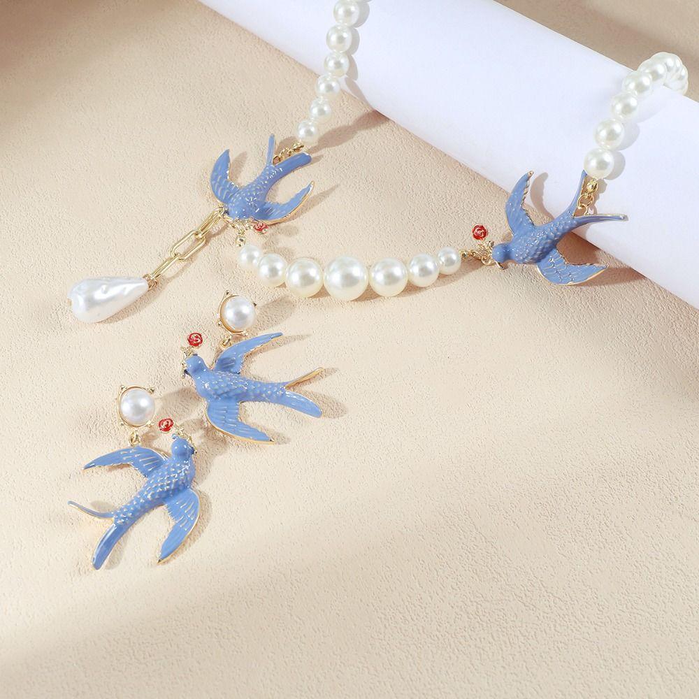 Beads Blue Enamel Swallow Necklace Bird Women's Jewelry Set Luxury Geometric Earrings Evening