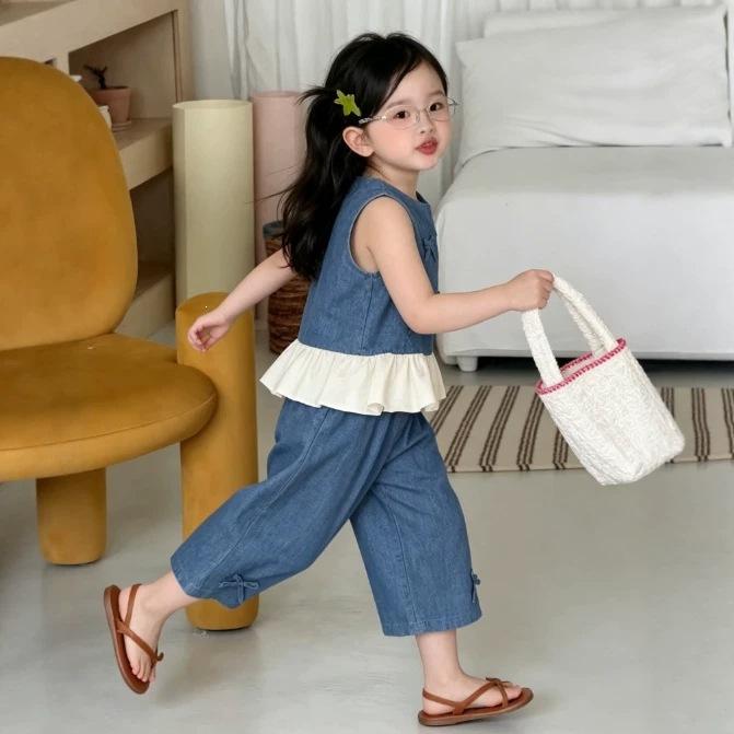 Girls Summer Denim Look Vest and Pants Set with Bow Detail