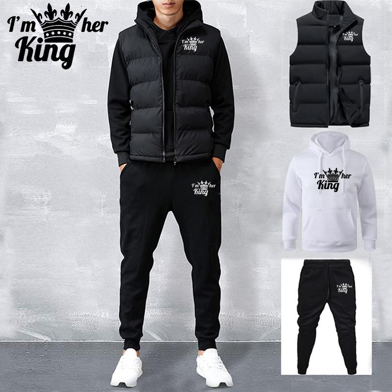 Men's Tracksuit New Autumn and Winter Solid Color  Printed Hoodie + Vest + Pants Three-piece Set Couple Casual Sportswear