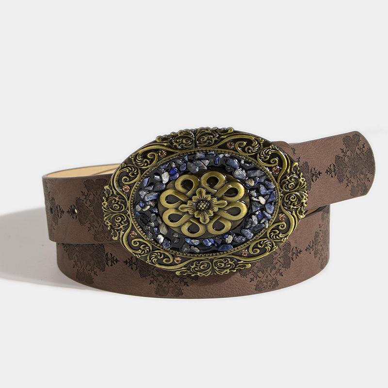 European and American Women's Belts, Western Style Women's Personalized Fashion Decoration Turquoise Retro Embossed Belt