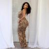 European & American Leopard Print Lace-up Halter Backless Top and Slim Long Pants Set