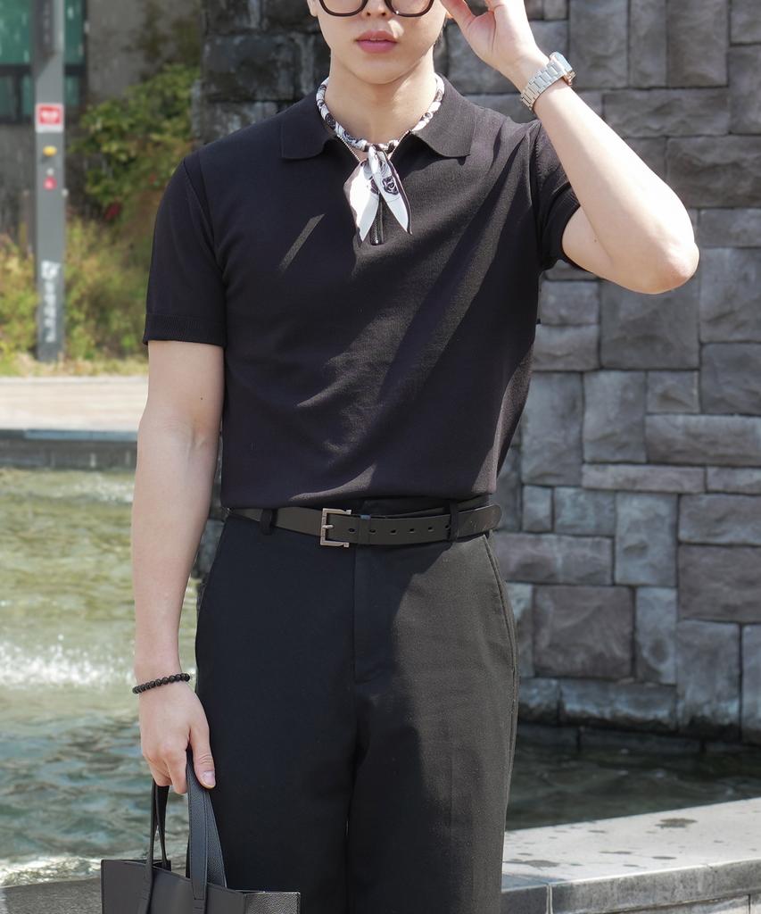 HERVINO Soft Half-Zip Muscle Fit Collared Short Sleeve Knit [Black]