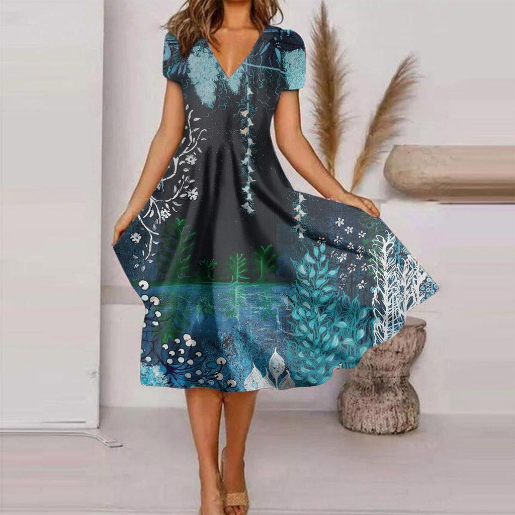 Women's Fashion And All-match Summer Temperament V-neck Printed Short-sleeved Dress