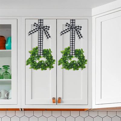 Set Of 2 Hanging Wreaths With Plaid Ribbon Bow. Christmas Decoration For Kitchen Cabinets, Behind Chairs, Doors, Railings & - Black & Red Plaid Bow