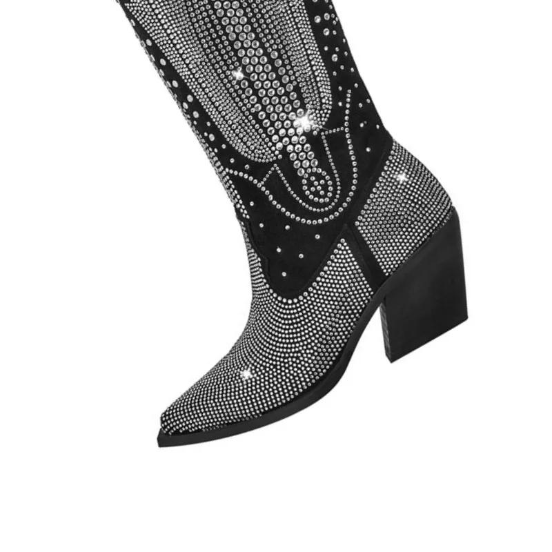 Fashion Handmade Hot Rhinestone Retro Western Cowboy Boots European American Women Performance Runway Fashion Thick Heel Knee High Boots