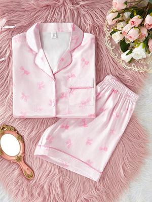Teenager Mädchen Seidiges Satin Schleifenmuster Pyjama Set Rosa Paspel Revers Kurzarm Oberteil & Shorts Kühl Elegant Sommer Loungewear Schlafanzug für 13-16 J