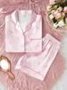 Set Pijamale Fete Adolescente Satin Lucios Imprimeu cu Fundițe Piping Roz Guler Mânecă Scurtă Pantaloni Scurți Îmbrăcăminte de Casă Elegantă Răcoroasă de Vară Ținută de Dormit pentru 13-16 Ani