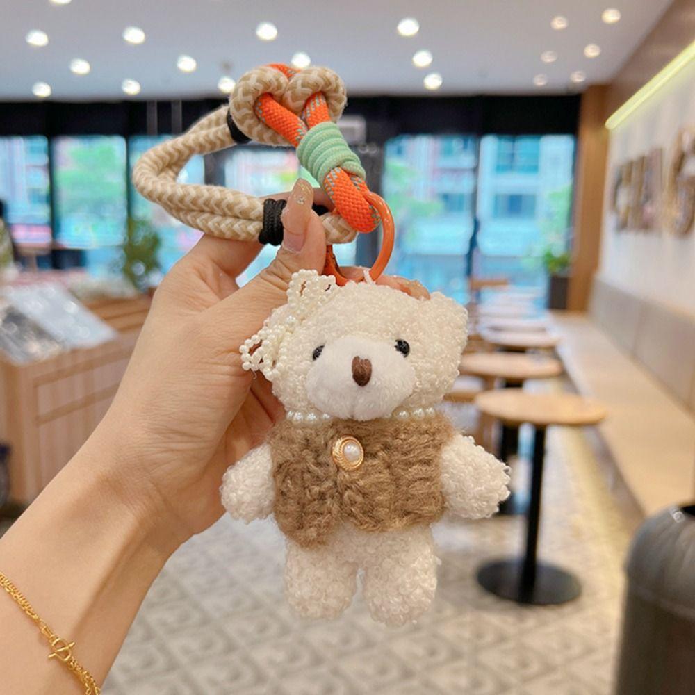 Bow Pearl Plush Bear Keychain Funny Key Ring Lovely Furry Bear Pendant  Bag Key Decor
