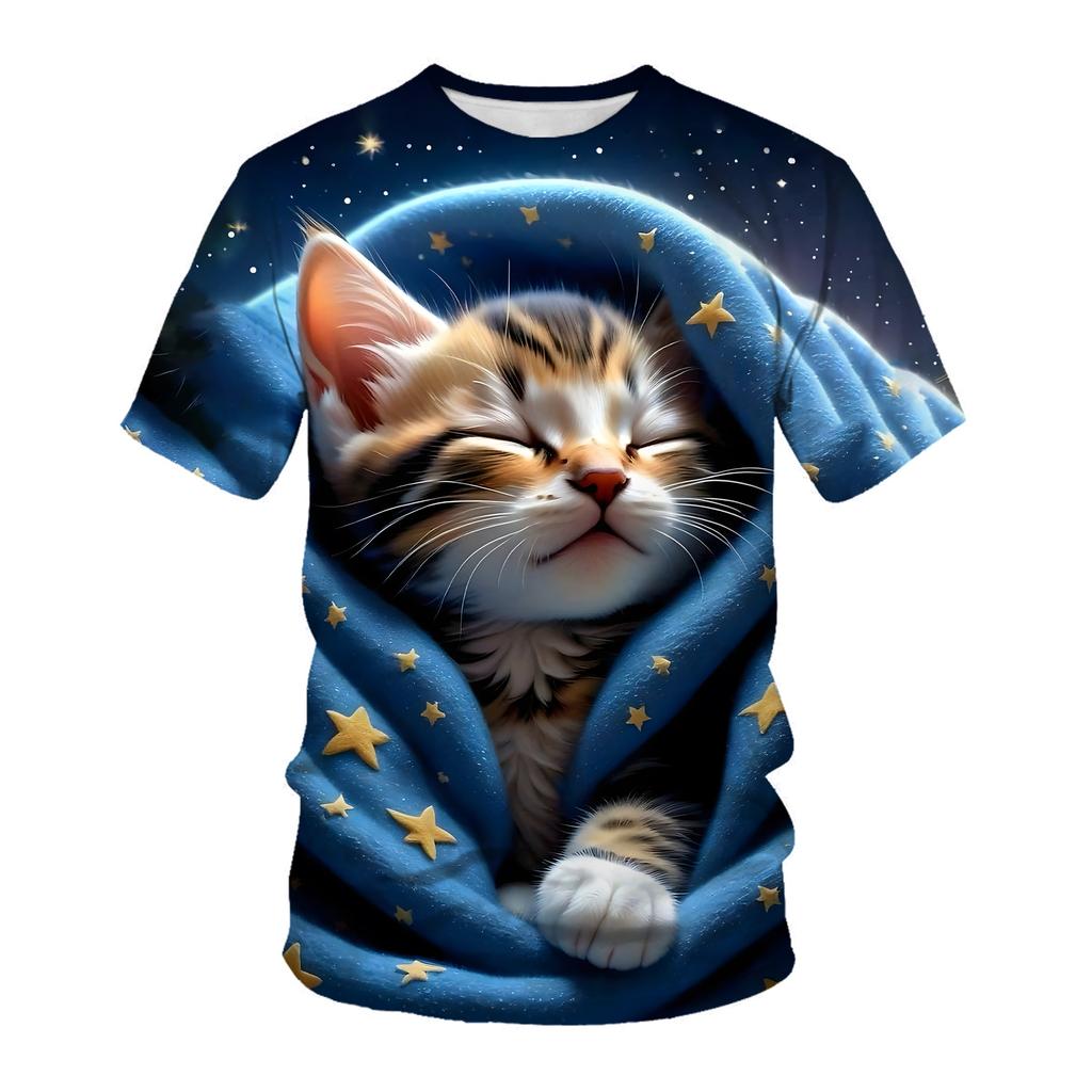 Comfortable Soft Cute Cat Summer Short Sleeved T-shirt 3D Printed Round Neck Casual Sports Men's Women's T-shirt