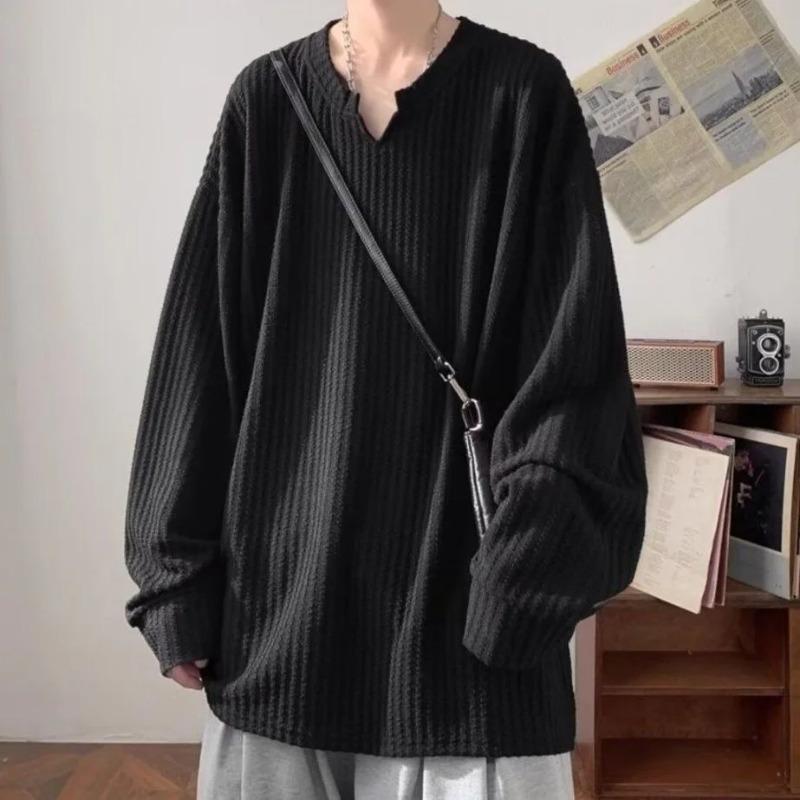Autumn Korean Streetwear T Shirt Men Fashion Hip Hop Baggy Casual Solid Color Loose Long Sleeve Tees