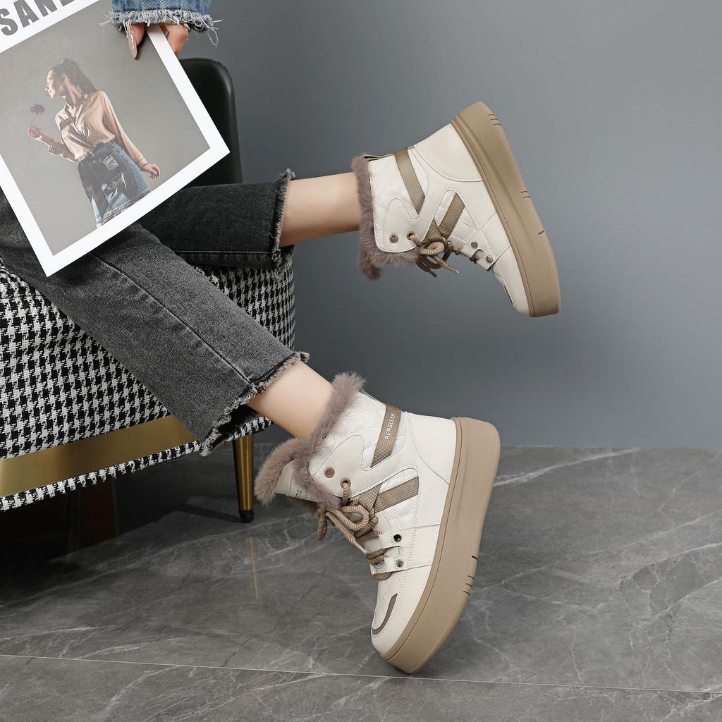 Damen Winterstiefeletten mit dicker Plateausohle, rutschfeste Stiefeletten mit Schnürung, Kunstfellfutter, Wanderschuhe, warme, bequeme, flauschige Kurzstiefel für Damen