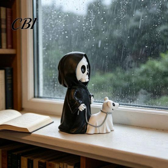 Cute Spooky Halloween Gift Grim Reaper & Ghostly Puppy Resin Figurine, Black Robed Skeleton with Ornament Ghost Dog Statue, Dark Gothic Decor for Desk