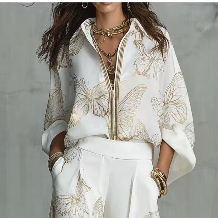 Nuovo completo due pezzi moda e casual con stampa di farfalle europee e americane, camicia larga con cerniera, pantaloni a gamba larga