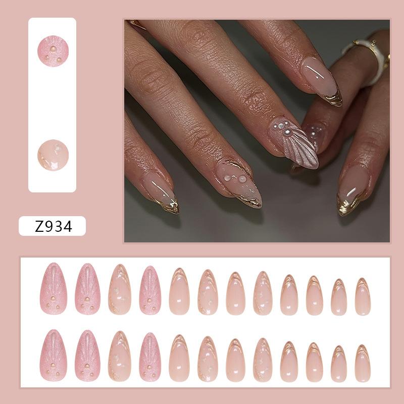 

Simple manicure patch removable nail fake nail three-dimensional shell wearing nail gold line diamond 24 pieces