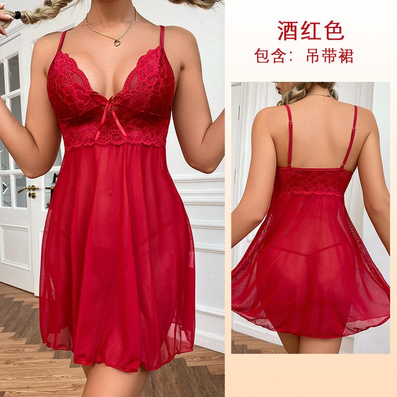 European and American sexy underwear lace nightdress suspender mesh pajamas suspender skirt loungewear S