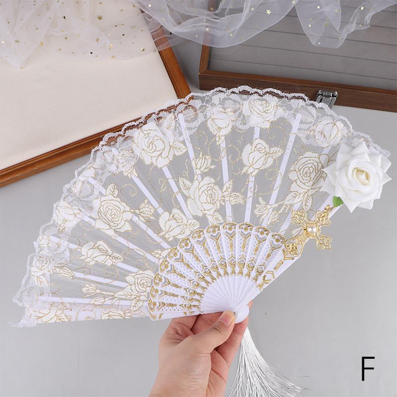 Ladies Lace Hand Fan Black White Cloth Folding Fans With Tassels Ancient-Style Dance Folding Hand Fan For Wedding Party Favor