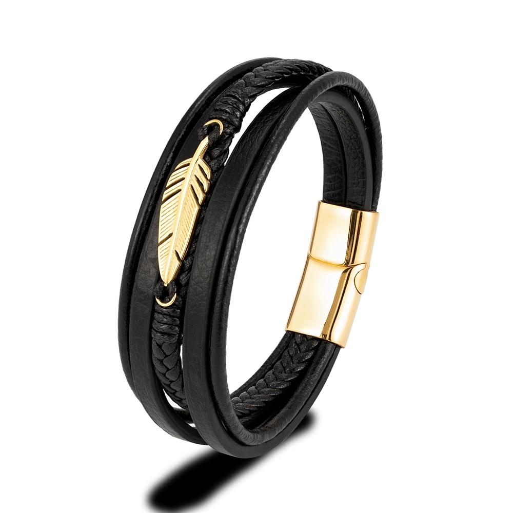 Simple Classic Feather Genuine Leather Bracelet Braided Multilayer Stainless Steel Magnetic Clasp Wrap Bangle