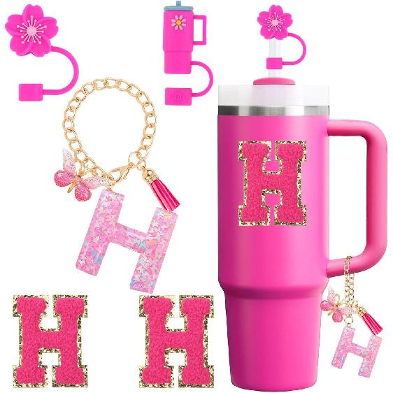 Cup Accessories Set for Stanley Cup 30oz 40oz tumbler with handle, Including Silicone Straw Topper Cover Cap, Handle Charm, Initials Sticker Fuchsia