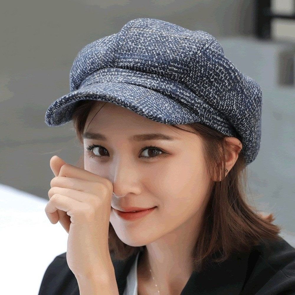 Wollene Britische Baskenmützen Ohrenschutz Künstlerhut Elegante Karierte Achteckige Mütze Winter