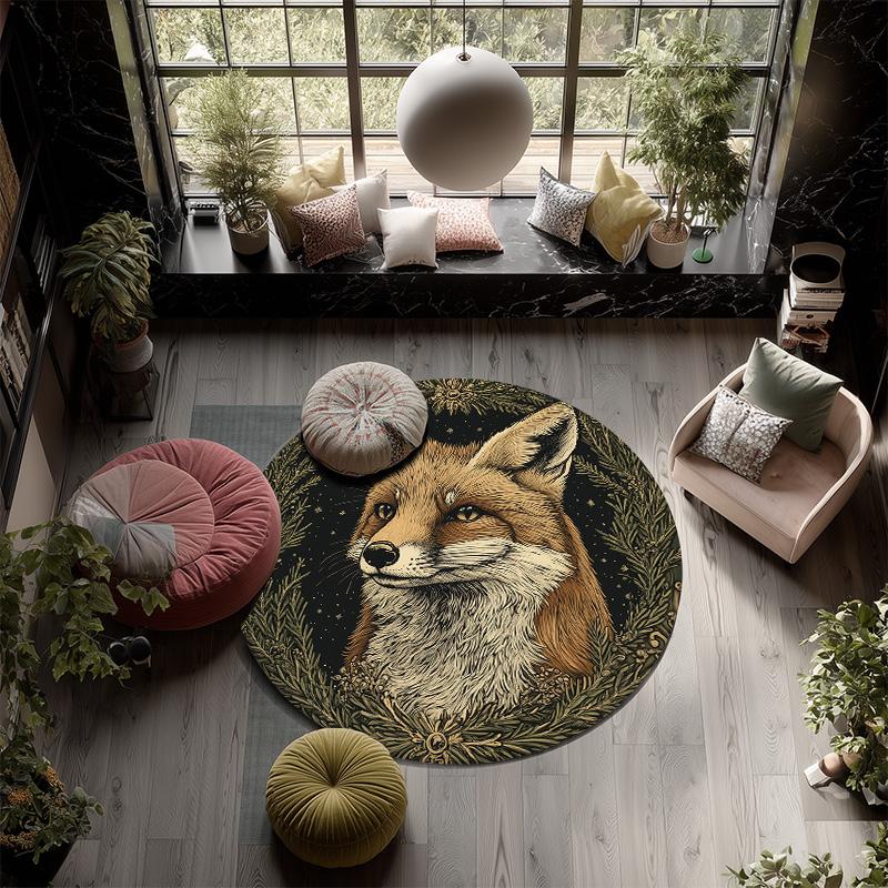 Fox On Tree Branch,Round Area Rug,Carpet Rug for Living Room Bedroom Sofa Playroom Decor,Non-slip Floor Mat