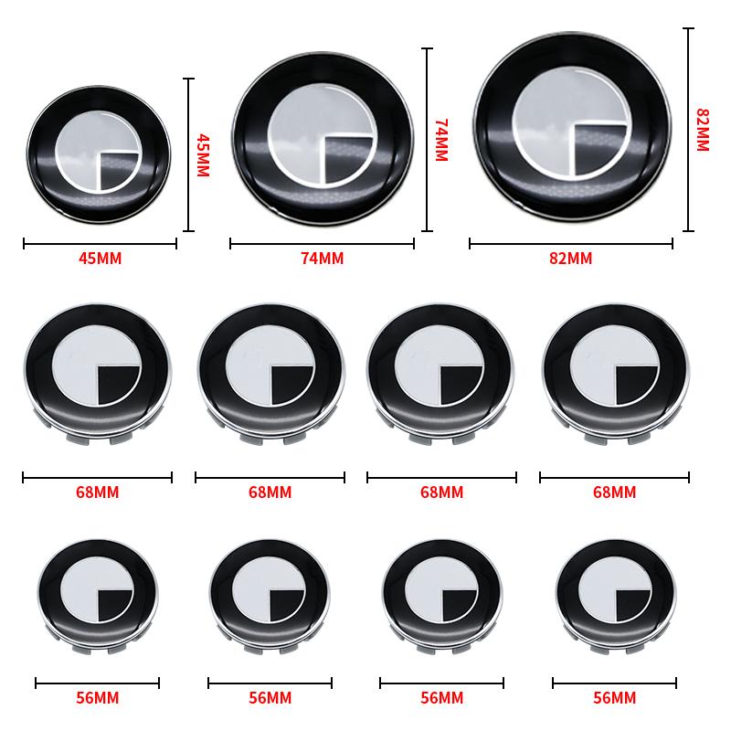 Car Black White BMW Logo Front Hood Emblem 82mm Rear Badge 74mm Wheel Hub Cap 68mm 56mm steering wheel sticker 45mm Accessories
