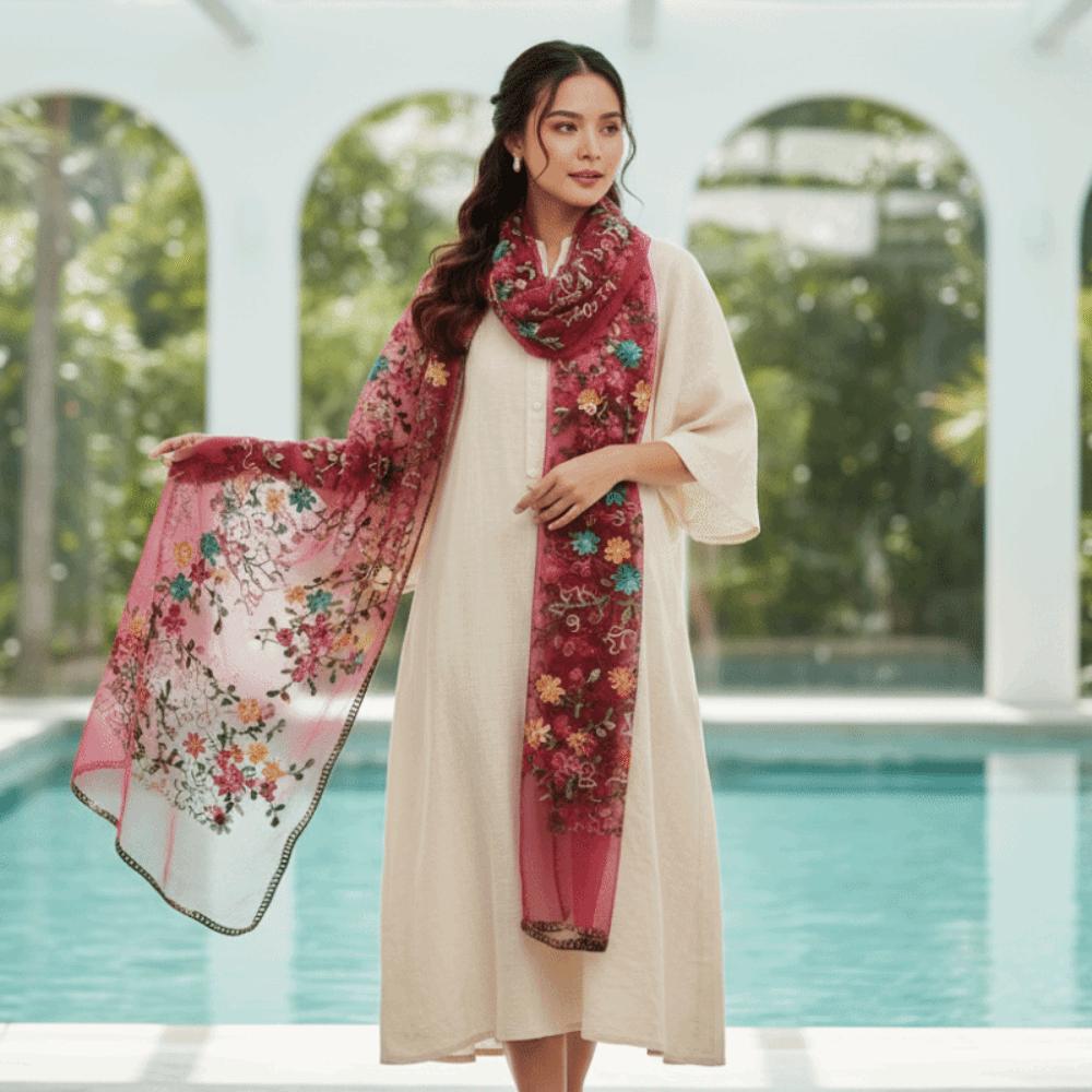 Embroidered Boho Floral Headwrap Breathable Translucent Long Lace Scarf Lightweight Scalloped Ethnic Sheer Shawl Sun Protection
