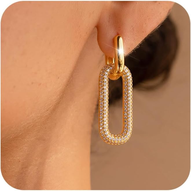White Gold Plated Paperclip Dangle Hoops Earrings, 14K Gold Plated Earrings For Women Lightweight Jewelry for Christmas Gifts