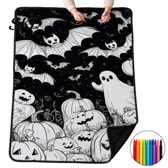 Kreativní sady pro relaxaci Halloween DIY deka na vybarvování se 24 fixami, Vybarvěte si vlastní přehoz, Přizpůsobitelná dekorace na postel, Deka,