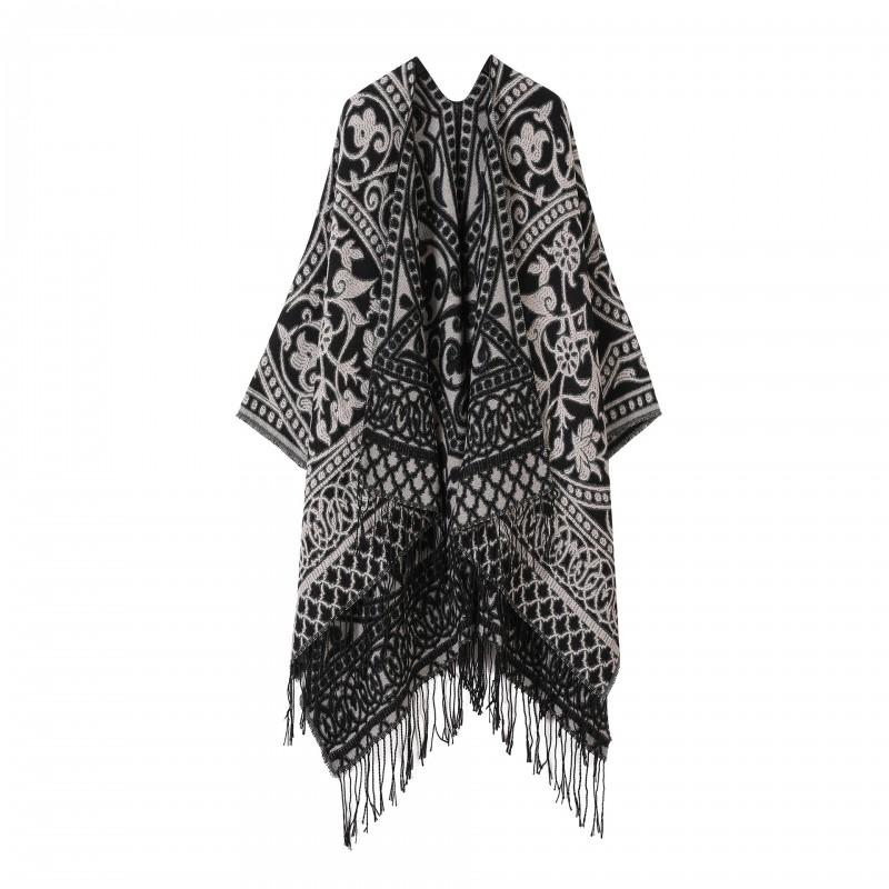 Women Men Knitted Shawl With Tassels Floral Warm Faux Cashmere Wrap Scarf Winter