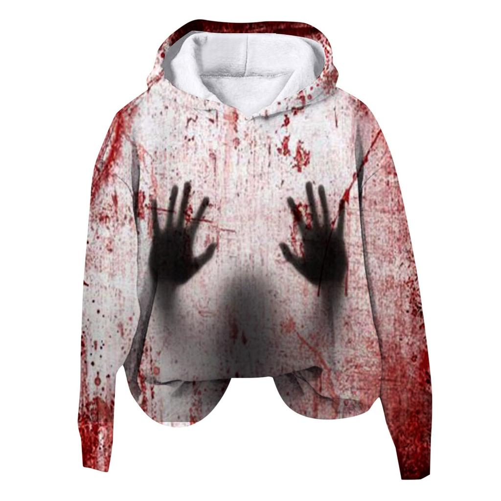 Women's 3D Bloody Letters Printed Long Sleeved Loose Hooded Sweatshirt New Halloween Ladies Casual Long Sleeved Pullover