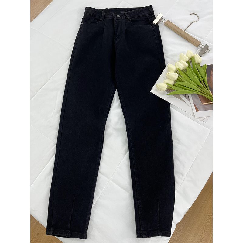 

Классические маленькие прямые черные брюки, стройнящие, облегающего кроя, корейские, повседневные, универсальные, выстиранные, эластичные, с высокой посадкой, джинсы Black Tip: Dark fabrics will have fading problems