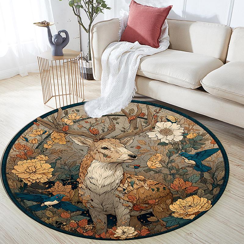 Deer in the Garden Round Area Rug,Carpet Rug for Living Room Bedroom Sofa Playroom Decor,Non-slip Floor Mat