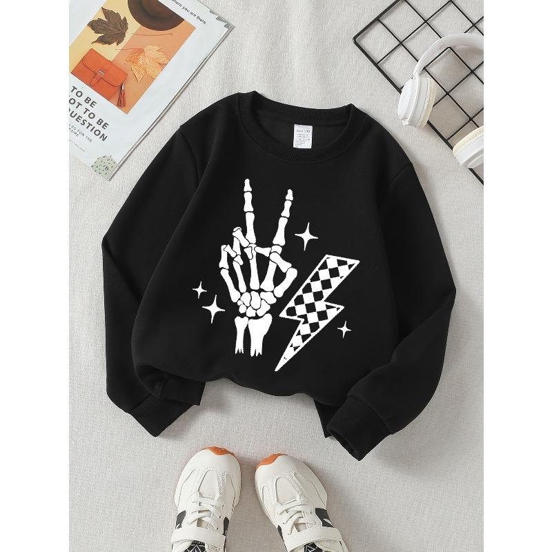Girls' Crewneck Sweatshirt Skeleton Hand Rock Sign Lightning Star Machine Washable, Spring And Autumn, Sportswear And Casual Wear