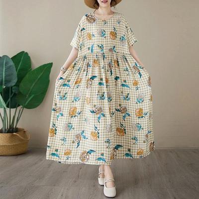 Short Sleeve Plus Size Cotton Vintage Plaid Floral New In Dresses for Women Casual Loose Long Summer Dress