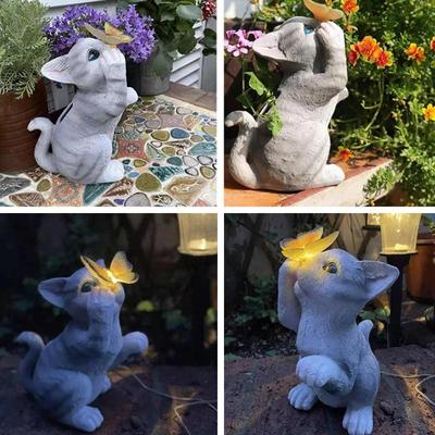 Waterproof Solar Standing Cat Butterfly Resin Statue Ornaments Cat Sculpture Crafts Outdoor Yard Garden Decoration Figurine