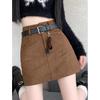 High-Waist Brown Suede Plush Pencil Skirt for Plus-Size Women - Versatile A-Line, Slimming, Short Skirt for Spring & Autumn
