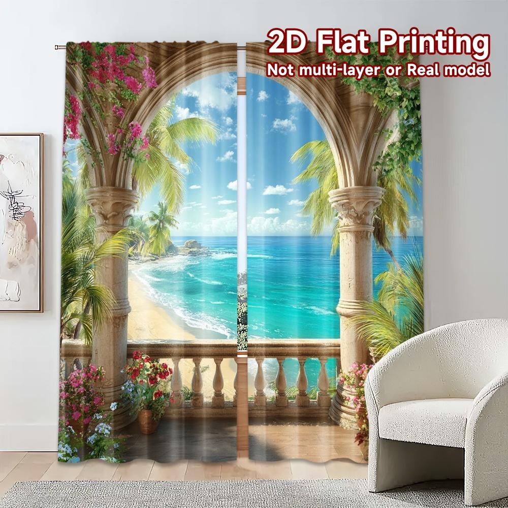 Flat Printing Curtains Without Rod Mediterranean View Chic Creative Versatile Polyester All Seasons Curtain Set Of 2 Made Washable
