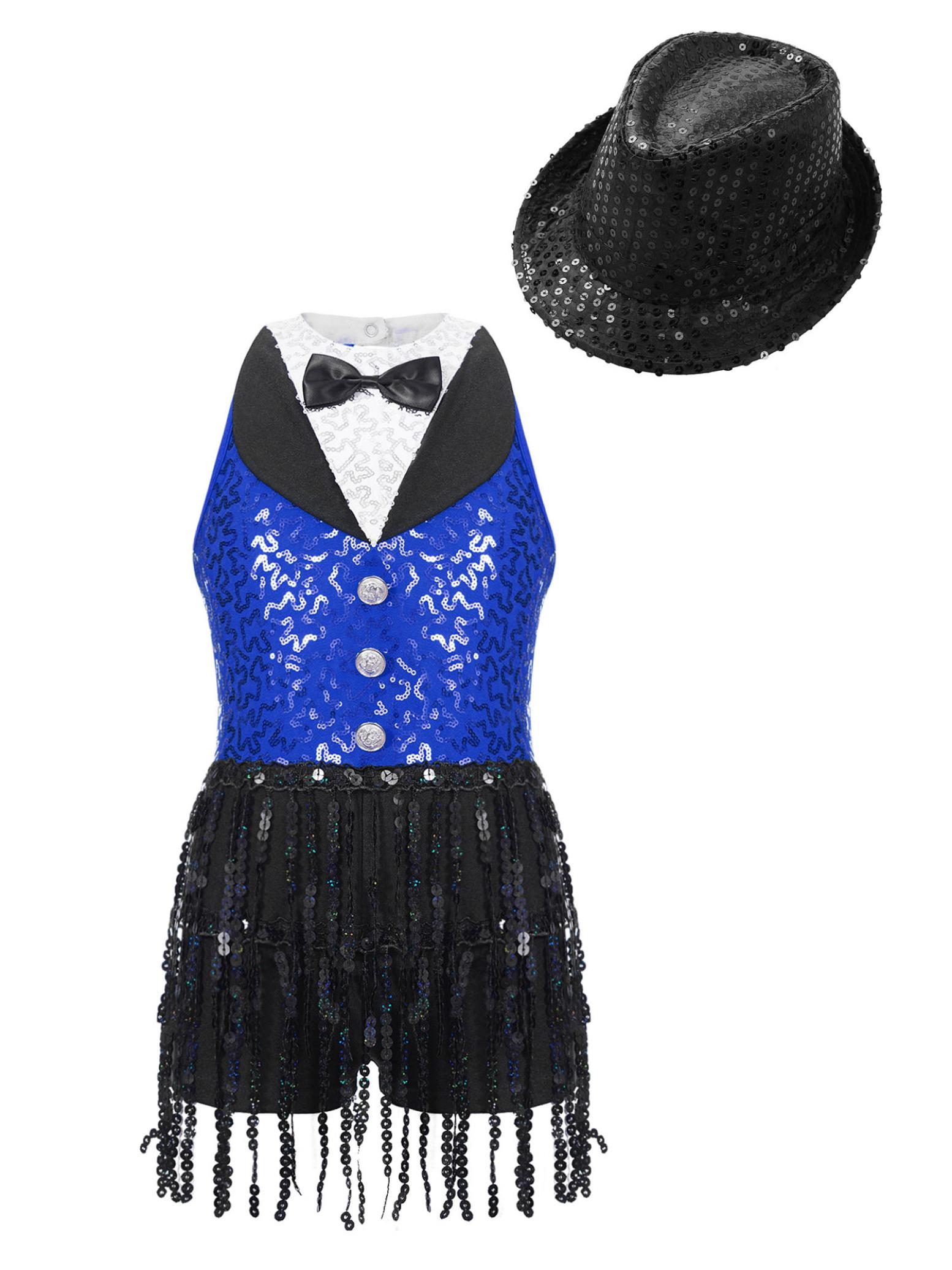 

Дитячий танцювальний костюм для латиноамериканського танго, джазу, румби, комбінезон із двох частин для стрітденсу, черлідингу, комбінезон з блискітками та капелюхом, дитячий танцювальний конкурс 9-10 Years