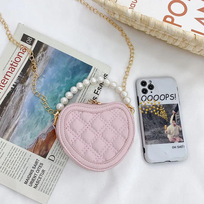 Cute Children's Heart-shaped Crossbody Bags Pearl Handle Girls Mini Shoulder Messenger Bag Princess Wallet Coin Purse Handbags