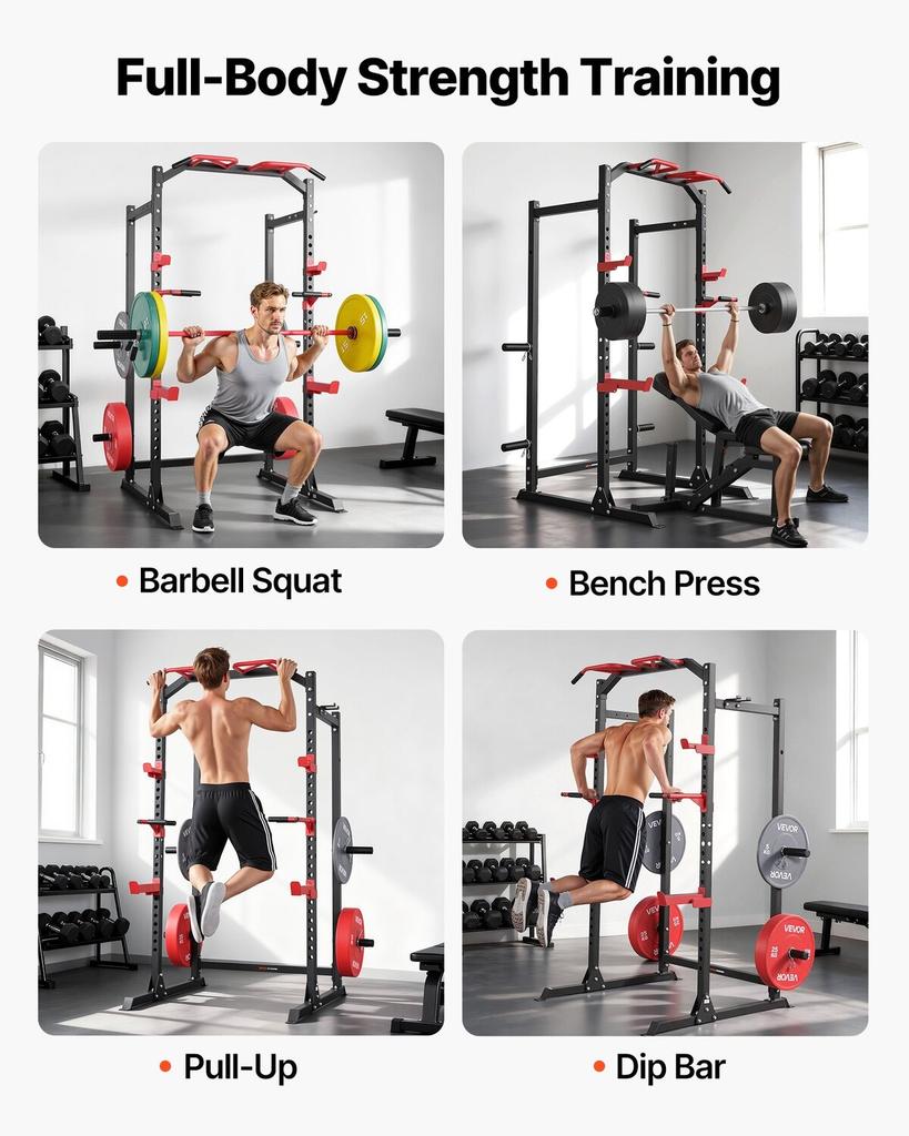 Power Cage Power Rack, Multifunctional Barbell Squat Rack with Adjustable Height, Home Gym Strength Training Workout Equipment with J-Hooks & More