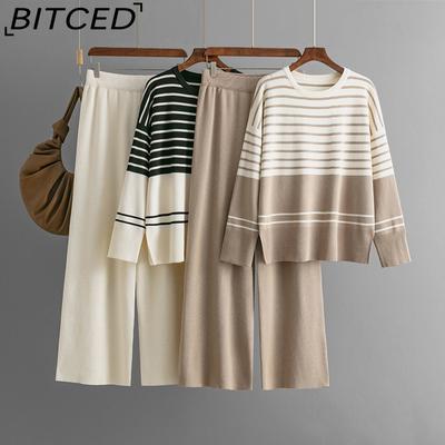 Autumn and Winter Striped Knitted Two-piece Round-neck Sweater Loose Casual and Fashionable Suit