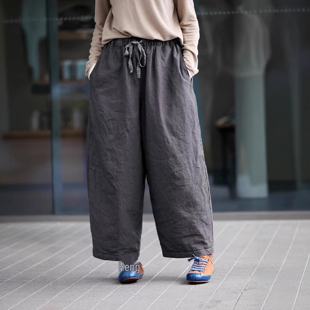 

Women s Retro Cotton Padded Dark Gray Carrot Pants - Loose, Warm, Elastic Waist for Winter L темно-серого