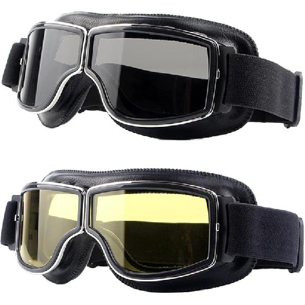 Motorcycle Goggles,2 Pack Vintage Anti Fog Pilot PU Leather Glasses Dustproof ATV Off Road Motorbike Helmet Eyewear Protect For Ridding Motorcross